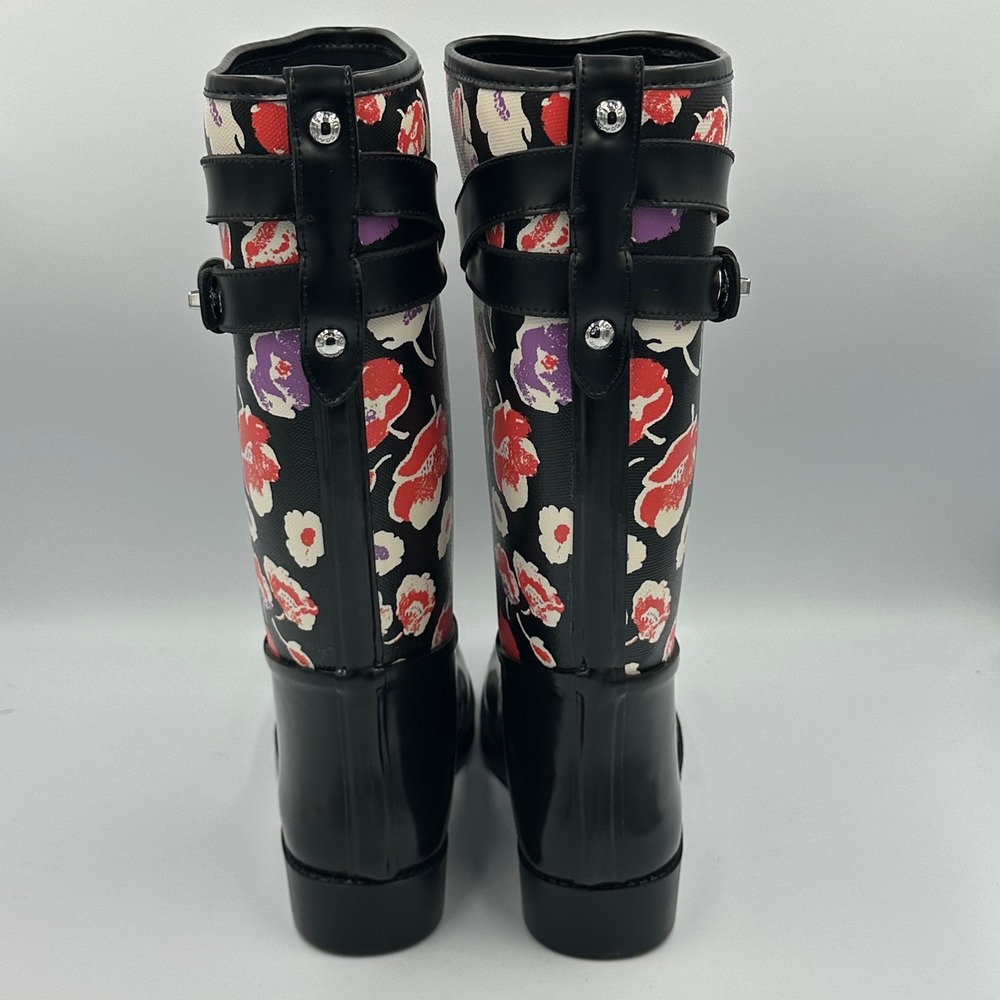 Coach Trisha II Print Rain Boots Black Floral Buckle Accent Size 7B - Picture 8 of 15